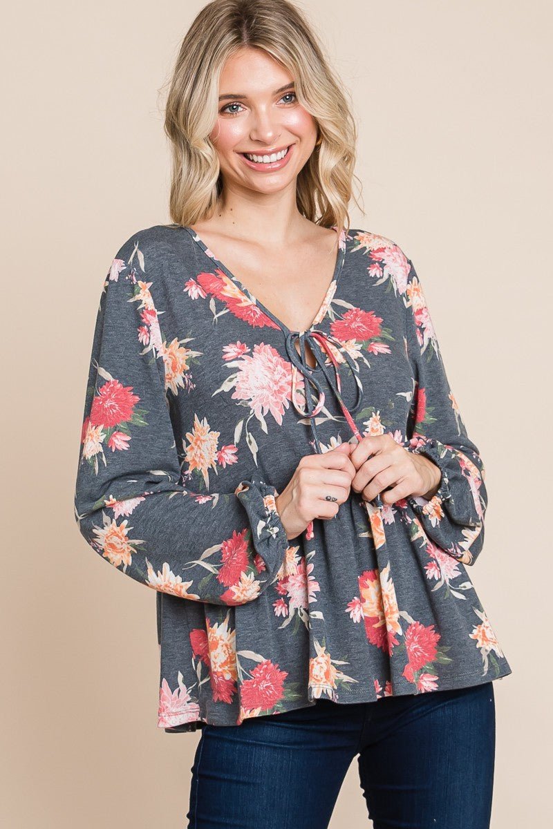 Super Lady Full Size Babydoll Floral Long Sleeve Blouse - Love Salve